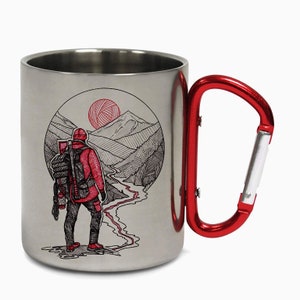 World Traveller Hiker Camping Mug Steel Cup Hiking Carabiner Travel Adventure Coffee Tea Mug Gift Birthday