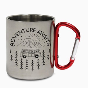 Adventure Awaits Road Trip Mountains Hiking Carabiner Vibes Grizzly Bear Travel Holiday Camping Adventure Coffee Tea Mug Gift Birthday