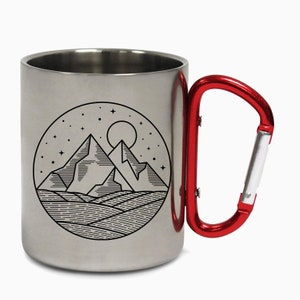 Mountains Hills Camping Mug Steel Cup Camper Van Hiking Carabiner Travel Adventure Coffee Tea Mug Gift Birthday