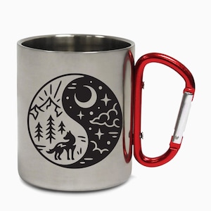 Ying Yang Wolf Escape The Ordinary Road Trip Mountains Hiking Carabiner Vibes Travel Holiday Camping Adventure Coffee Tea Mug Gift Birthday