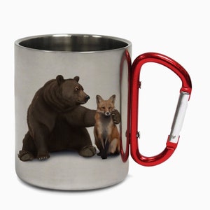 Bear and Fox Friends Camping Mug Steel Cup Hiking Carabiner Travel Adventure Coffee Tea Mug Gift Birthday