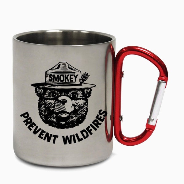 Smokey Bear Travel Mug, Camping Mug, Coffee Cup, National Park Gift, Official Licensed Steel Carabiner Mug
