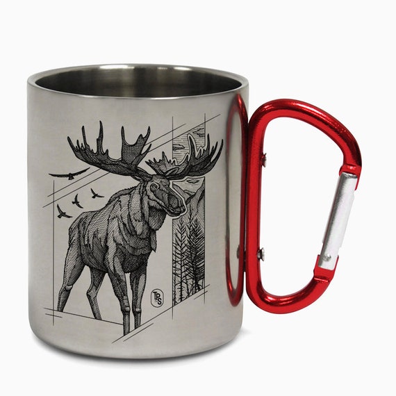 Moose Bull Alaska Line Art Tattoo Mountains Hiking Carabiner Travel Camping Adventure Coffee Cup Mug Gift Birthday