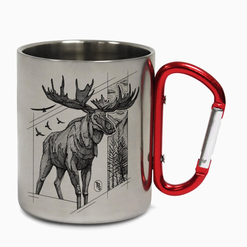 May include: A stainless steel travel mug with a red carabiner handle. The mug features a black and white illustration of a moose with a forest background.
