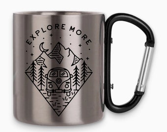 Explore More Stainless Steel Carabiner Mug 300ml Hiking Travel Coffee Cup With Black Handle