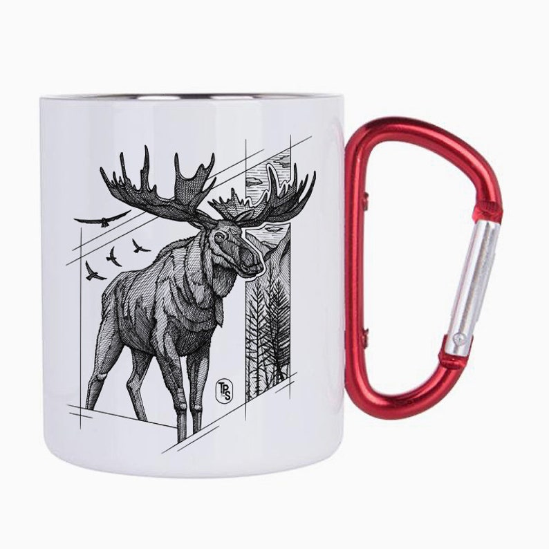 May include: White stainless steel travel mug with a red carabiner handle. The mug features a black and white line drawing of a moose with antlers, surrounded by birds and trees.