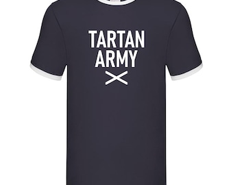 Scotland Tartan Army Personalised Navy Ringer T-Shirt, World Cup 2026 Shirt Custom Name/Number Adults Kids Family, Scottish Football Top