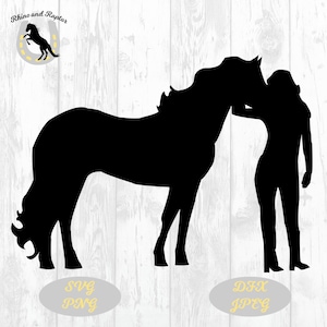 silhouette de fille et de cheval dans le svg, le png, le jpeg et le dfx, le svg de cheval, l’imprimable de cheval, le fichier coupé de cheval, la fille de ferme, le clipart de cheval.