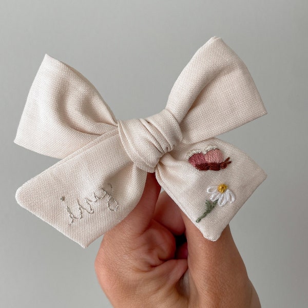 Butterfly Bow - Butterfly Birthday - hand embroidered name bow with butterfly - baby girl bow - baby announcement - embroidered baby bow