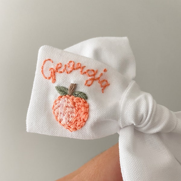 Peach Bow - Sweet as a Peach Bow - Peach Birthday - Hand Embroidered Bow - embroidered baby bow - Baby Announcement - custom embroidered bow