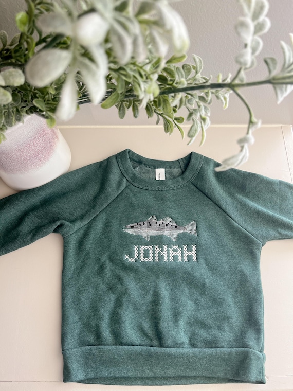 Embroidered Cross Stitch Fish Sweatshirt – Personalized Birthday Outfit