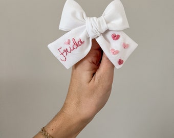 Hand Embroidered Heart Baby Bow: Valentine's Day Bow