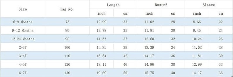 May include: A size chart for children's clothing, detailing measurements in inches and centimeters. The chart includes sizes from 6-9 months to 6-7T, with corresponding tag numbers, lengths, bust measurements, and sleeve lengths.