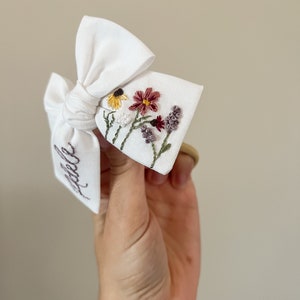 Wildflower Birthday - Our Little Wildflower - Hand Embroidered Bow - Custom Bow - Bow with flowers -  baby shower gift - birthday gift
