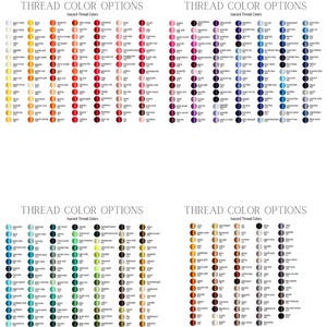 May include: Four panels displaying a comprehensive color chart of Isacord thread options. Each panel features numerous thread color swatches with corresponding names, arranged in columns. The text "THREAD COLOR OPTIONS" is at the top of each panel.
