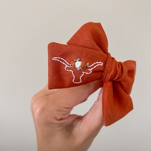 Texas Bow - Longhorn bow with flowers - Hand Embroidered Bow -  embroidered baby bow - Baby Announcement - custom embroidered bow