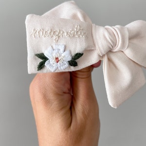 Magnolia Bow - Flower Bow - Magnolia Birthday - Hand Embroidered Bow - embroidered baby bow - Baby Announcement - custom embroidered bow