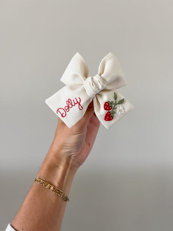 Strawberry Embroidered Baby Bow: Berry First Birthday