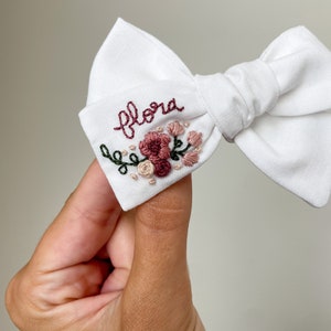 Floral Bow - Spring Baby - Fall Bow - Hand Embroidered Bow -  embroidered baby bow - Baby Announcement - custom embroidered bow