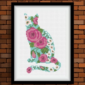 Kat met bloemen - kruissteekpatroon