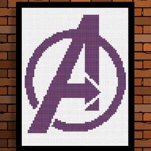 May include: A purple and white cross-stitch pattern of the Avengers logo, featuring a stylized "A" inside a circle.