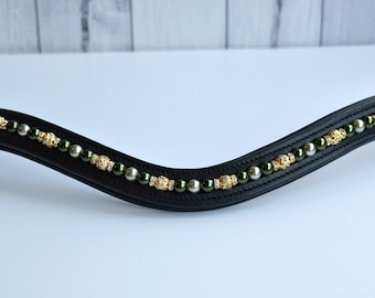 Olive and Gold Beaded Horse Bling Browband ..Dressage, Equine Show Browband