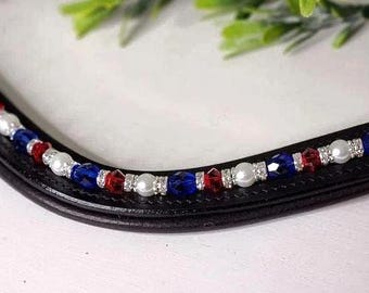 Red White Blue Crystal Beaded  Browband .. Dressage Equine Show jumping