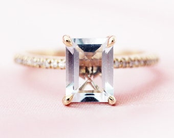 March Birthstone 6X8mm Corte Esmeralda VS Luz Azul Aguamarina Anillo de Compromiso Sólido 14k Anillo de oro amarillo anillo de diamantes anillo nupcial anillo promesa