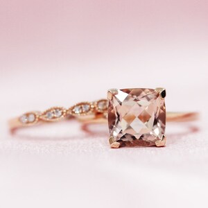 Morganite Engagement Ring 6mm Cushion Cut Natural Morganite Ring 14K Rose Gold Ring Set Half Eternity Diamonds Matching Band Bridal Ring
