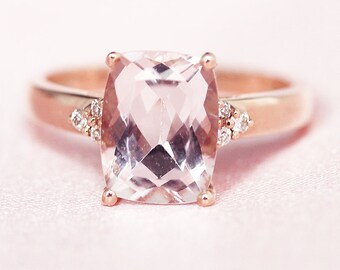 6 * 8mm cojín corte natural Morganita anillo diamantes acento anillo de boda sólido 14K rosa oro compromiso Anillogemstone anillo aniversario anillo