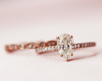 5x8mm pear corte C&C Forever clásico Máscarasan anillo de compromiso anillo 14K anillo de oro rosa conjunto completo eternidad diamantes partido banda anillo nupcial