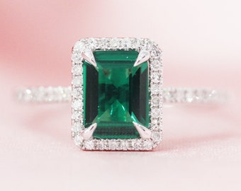 Mayo Piedra de nacimiento 6x8mm tratado anillo esmeralda diamante anillo sólido 14K oro blanco compromiso anillo apilable anillo de cumpleaños anillo nupcial