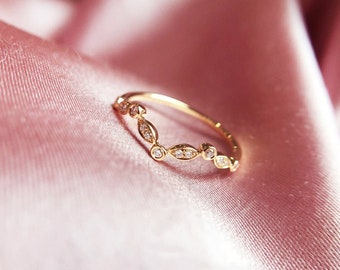 Half Eternity Diamonds Wedding Ring Leaf Style Ring Band Solid 14K Yellow Gold Ring Engagement Ring Stackable Ring