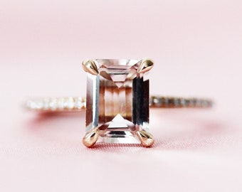 6*8mm Natural Light Pink VS Morganite Engagement Ring Emerald Cut Ring Diamonds Accent Wedding Ring Solid 14K Rose Gold Wedding Promise Ring