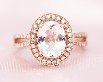 Diamond Halo Ring 7X9mm Oval Cut Natural Pink Morganite Ring 14K Rose Gold Ring Morganite Ring Engagement Ring Wedding Ring Anniversary Ring