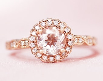 Unique Design 6mm Round Shaped Natural Pink Morganite Ring Floral Wedding Ring Diamonds Engagement Ring Solid 14K Rose Gold Bridal Ring