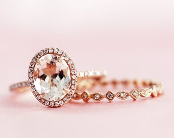 Solid 14K Rose Gold Ring Set 7x9mm Oval Cut Natural Morganite Ring Set Halo Diamonds Ring Anniversary Ring Bridal Set Promise Ring