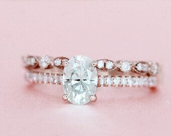 6x8mm Oval Cut Forever One (GHI) Moissanite Anillo Set 14K Rose Gold Wedding Ring Set Engagement Ring Set Anniversary Gemstone Ring Set Set