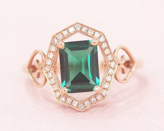 Estilo único mayo piedra de nacimiento 6x8mm tratado esmeralda anillo de compromiso sólido 14K rosa oro boda esmeralda corte diamante acento nupcial promesa anillo
