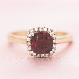 January Birthstone 6mm Cushion Cut Natural Red VS Garnet Ring Solid 14K Rose Gold Wedding Ring Diamond Ring Engagement Ring Birthday Gift