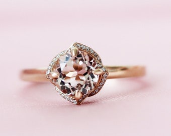 Unique Rose Shaped Round Natural Pink VS Morganite Ring Solid 14K Rose Gold Wedding Ring Engagement Ring Diamonds Accent Ring Promise Ring