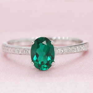 Solid 14K White Gold 6x8mm Oval Cut Treated Emerald Ring Diamonds Engagement Ring Bridal Ring Wedding Promise Ring
