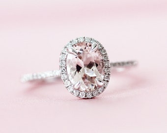 6x8mm corte ovalado natural Morganita anillo de compromiso diamantes halo anillo sólido 14K oro blanco anillo media eternidad anillo de boda promesa anillo