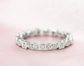 Diamante natural completo eternidad anillo de boda apilable anillo a juego banda sólida 14K oro blanco anillo de compromiso anillo de novia anillo promesa