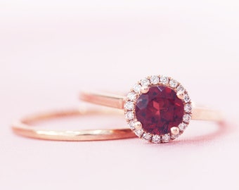 January Birthstone 6mm Round Cut Natural Garnet Ring Set Diamonds Halo Ring 14K Rose Gold Ring Set Plain Gold Wedding Band Gemstone Ring Set