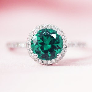 May Birthstone 7mm Round Treated Emerald Engagement Ring Diamonds Accent Wedding Ring Solid 14K White Gold Ring Birthday Gift Promise Ring