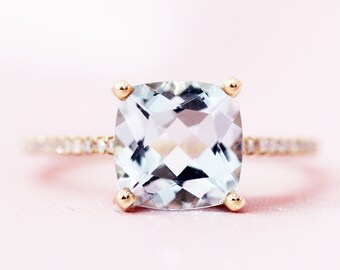 Corte de cojín natural VS luz azul aguamarina anillo 8mm anillo de íjego de marzo anillo de piedra de nacimiento sólido 14K amarillo oro anillo acentuados anillo de diamantes