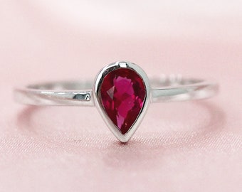 Anillo especial de rubí 4x6mm pera en forma de anillo rojo rubí sólido 14K oro blanco anillo de boda anillo de boda anillo apilable anillo julio fecha de nacimiento regalo
