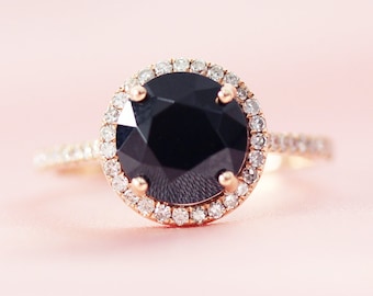 8mm ronda negro spinel anillo de compromiso diamantes acentuación boda Rigng mitad eternidad anillo sólido 14K rosa oro anillo nupcial anillo promesa