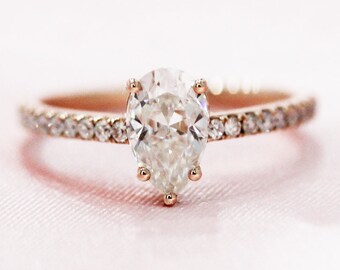 C&C Forever Classic Moissante Anillo 5x8mm pera corte anillo de compromiso sólido 14K oro rosa anillo de boda diamante anillo de novia promesa anillo